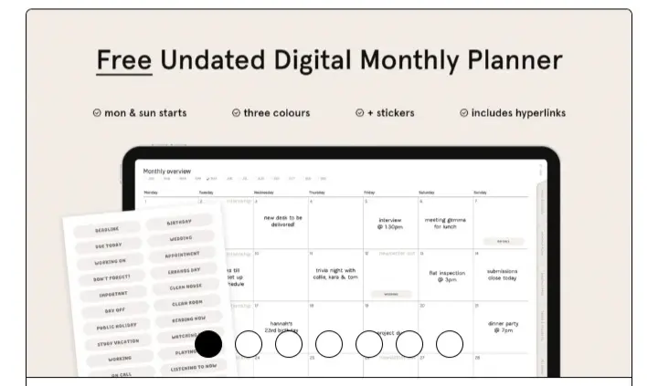 Free Monthly Digital Planner with Stickers Cover page