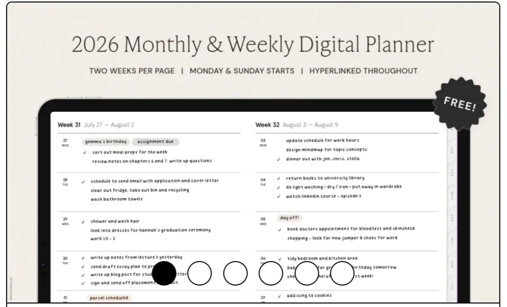 Free 2026 Daily and Weekly Planner Cover page - iPadOS Digital Planner spread